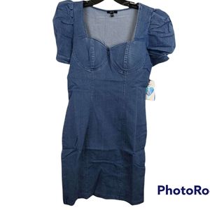 NWT Iris Short Puffy Sleeve Denim Mini  Body Con Dress sz L